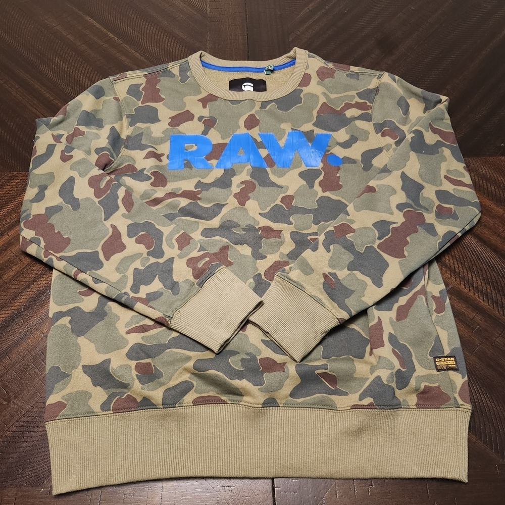 G Star Raw Sweatshirt Mens Size Large Green Camo Blue Logo Crewneck Y2k Fashion